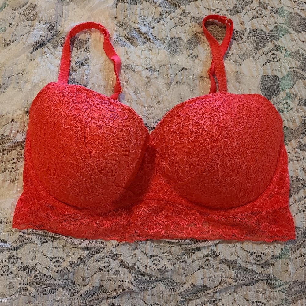 PINK by Victoria's secret coral push up and pull on floral lace pattern bra